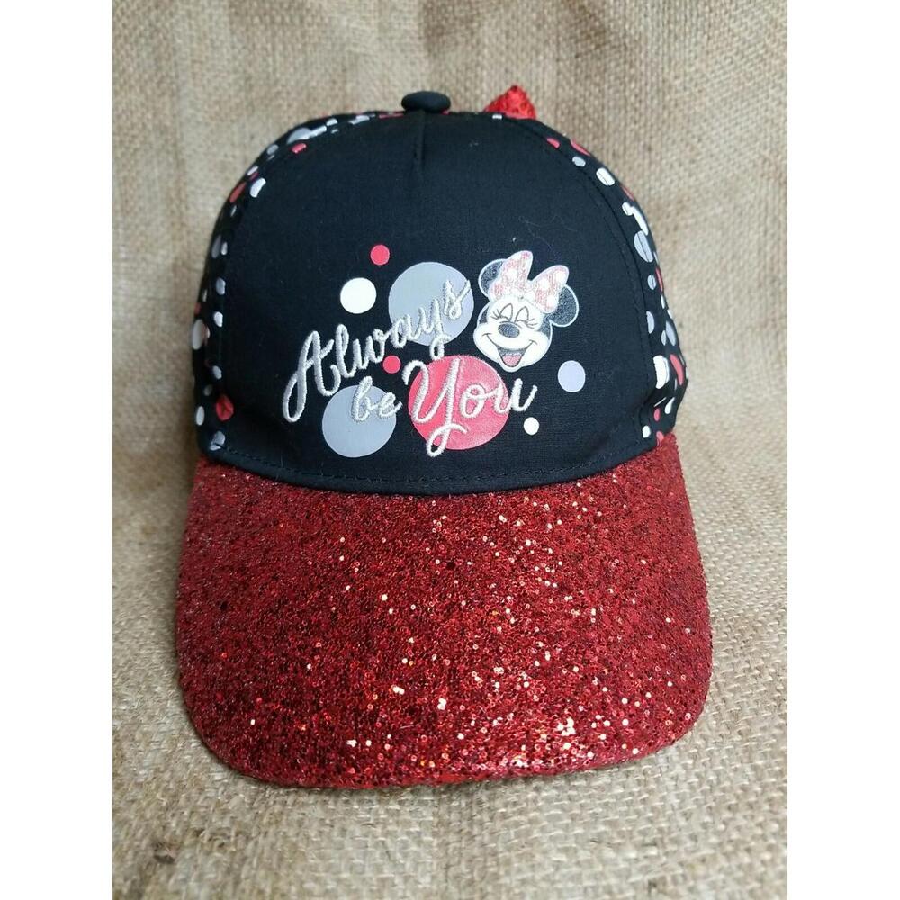 Disney Minnie Mouse "Always Be You" Ball Cap Black Red Glittery Sequined Bow EUC